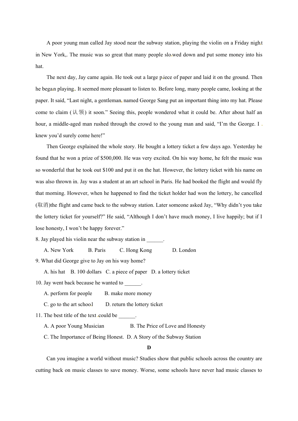 （2019新教材）人教版高中英语必修一高一上学期第二次学段考试考试英语试题及答案.doc_第3页