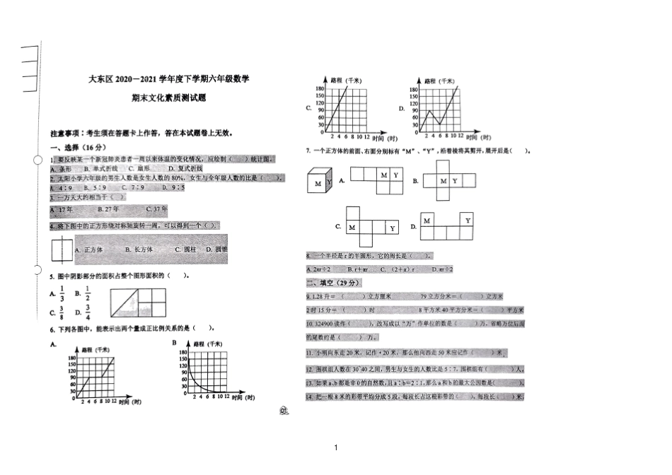 沈阳市大东区2021年小升初数学试题+参考答案.pdf_第1页