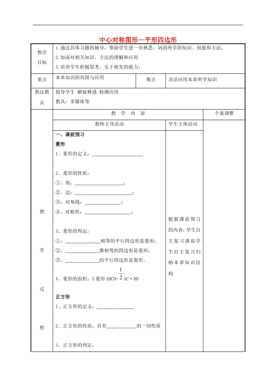 苏科版八年级数学下册第九章中心对称图形_平形四边形小结与思考第3课时教案.doc_第1页